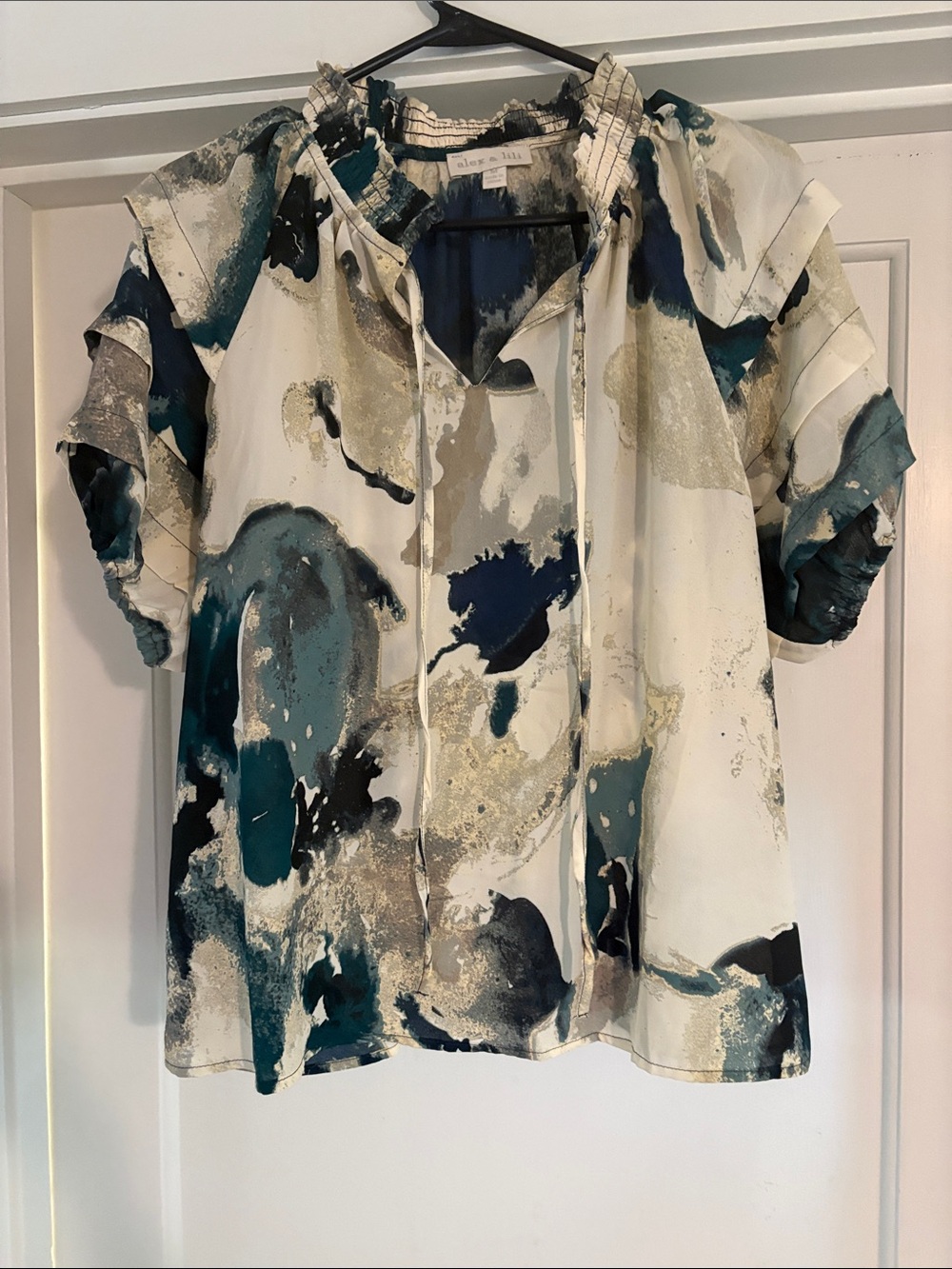Teal Abstract Print Short Sleeve Blouse